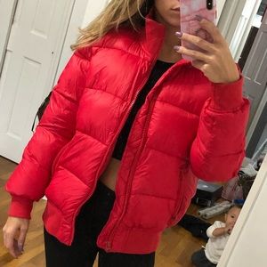 Red puffer jacket
